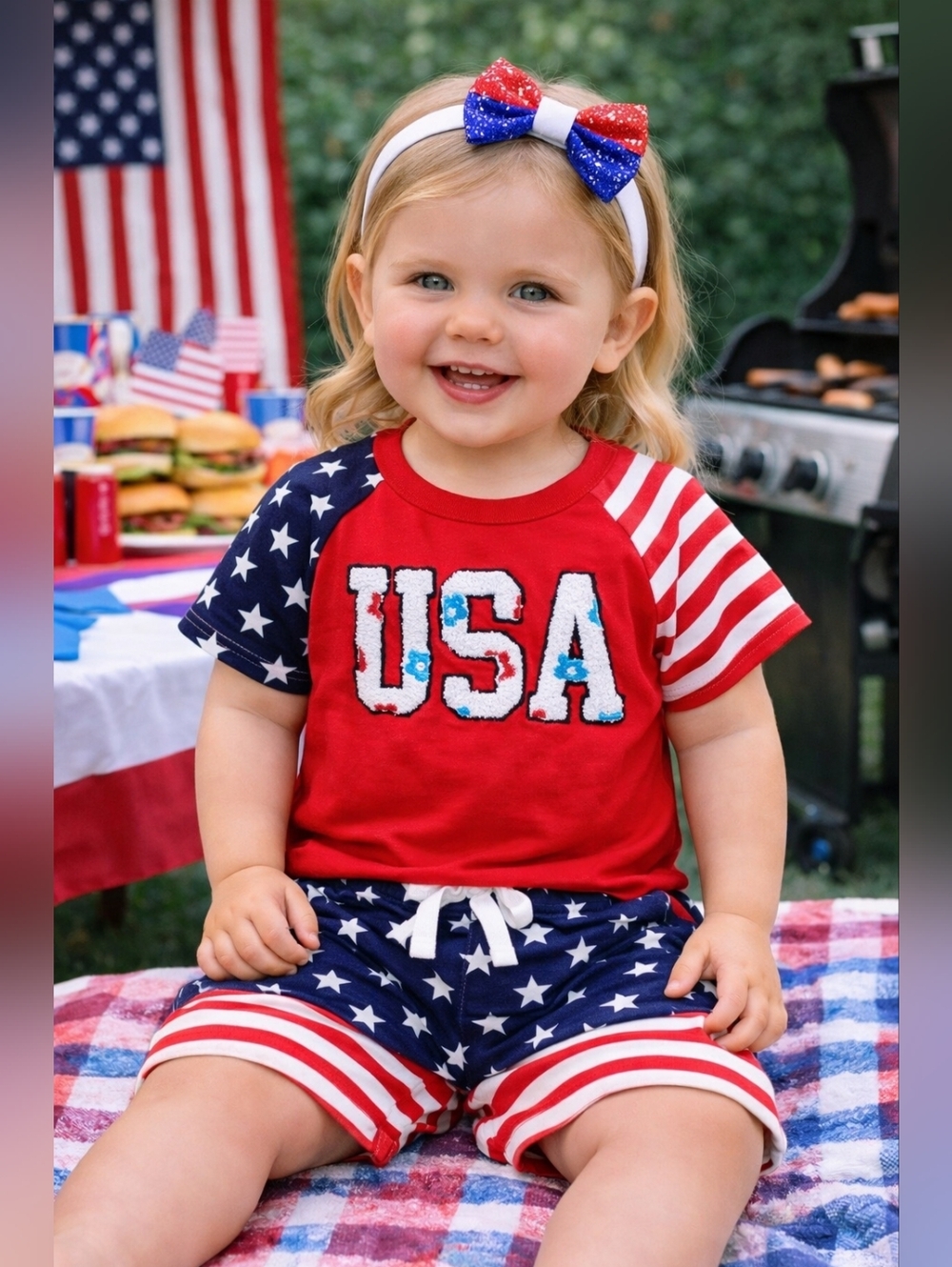 Baby Girl Patriotic USA Outfit Set Stars Stripes Red White Blue‎ 9-12 Months NWT